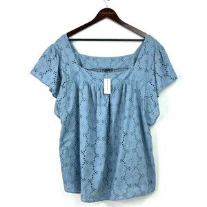 Lane Bryant Womens Blue Cotton Flutter Sleeve Eyelet Knit Blouse Sz 26/28 1264E4